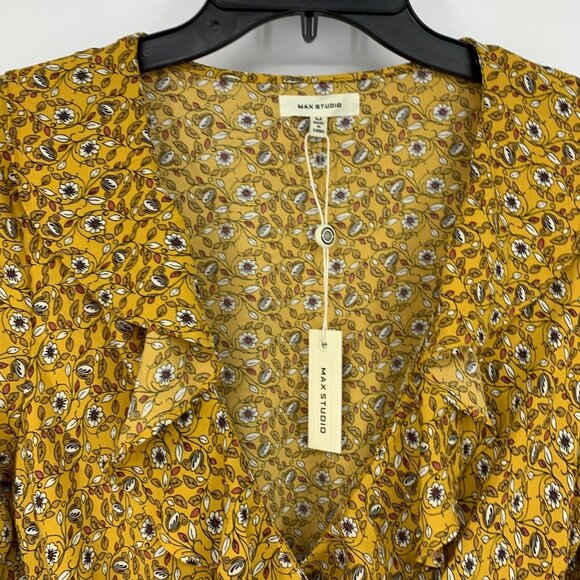 Max Studio Top Yellow Floral Print Faux Wrap Long Sleeve Ruffle - Picture 2 of 10
